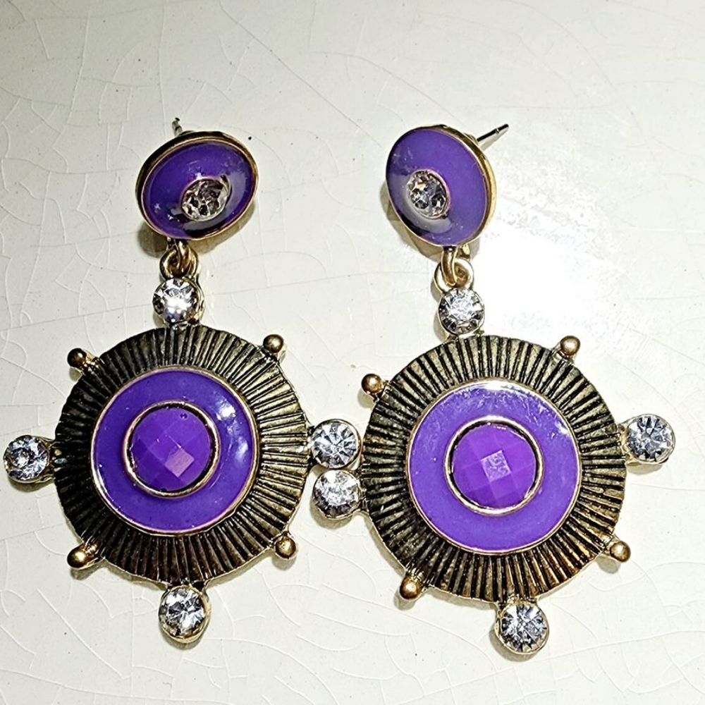 Intergalactic purple medallion dangle sunburst earrings, retro, y2k, bohemian